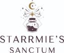 A purple potion bottle filled with liquid and stars. The potion bottle has a gold moon and stars surrounding it. The text beneath the potion bottle reads "Starrmie's Sanctum".